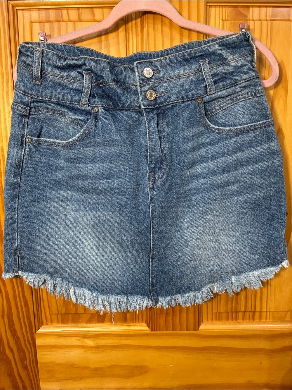 KanCan Blue Denim Frayed Hem Mini Skirt